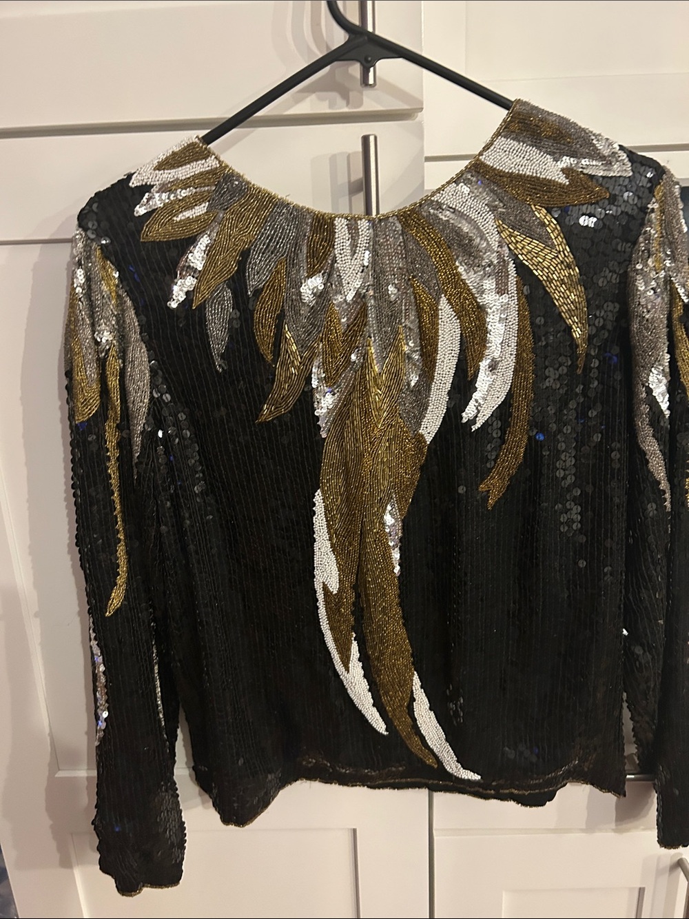 Black Sequin Long-Sleeve Top with Gold & Silver Embellished Detail